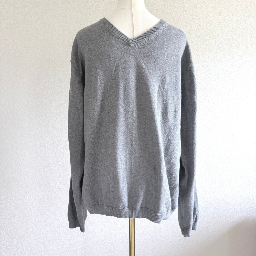 Vintage Mens Gray Cotton Cashmere Blend V-Neck Sweater Large‎